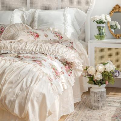 圣马洛庄园︱浪漫主义玫瑰印花棉床裙四件套公主风法式被套床品