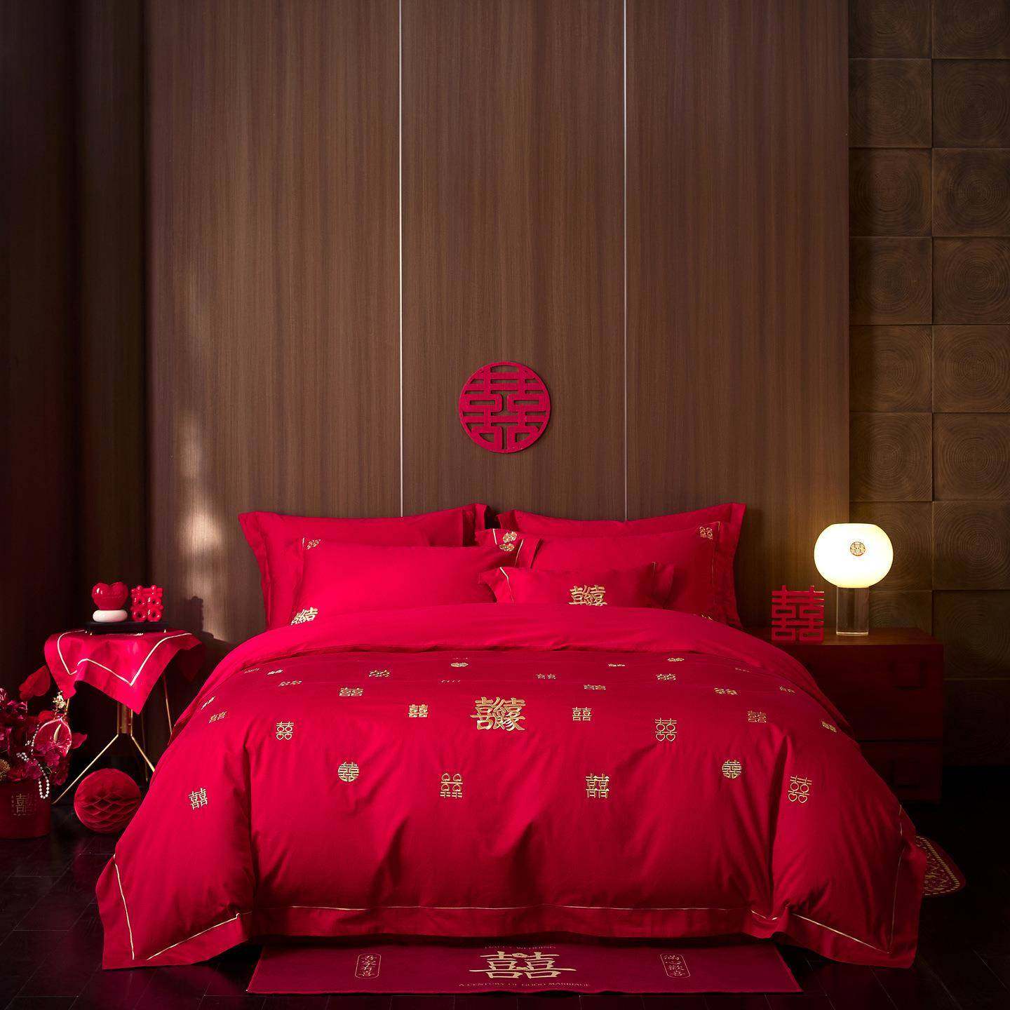 刺绣喜字全棉四件套大红色结婚庆长绒棉纯棉床单床笠100S婚嫁男女