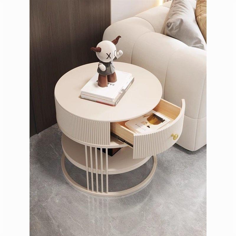 奶油风圆形卧室床头柜客厅家用带抽屉小茶几简约现代创意岩板边几