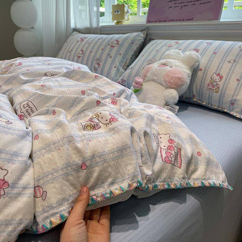 A类贝壳边双层纱四件套软糯纯水洗棉床单被套床笠宿舍单人三件套4