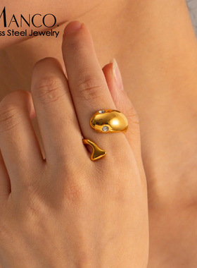 eManco新款INS风法式戒子个性钻鱼形开口戒指18K活口可调节防过敏