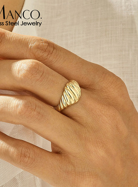 eManco钛钢不掉色防过敏面包戒指女性饰品指环电镀18K金戒指饰品