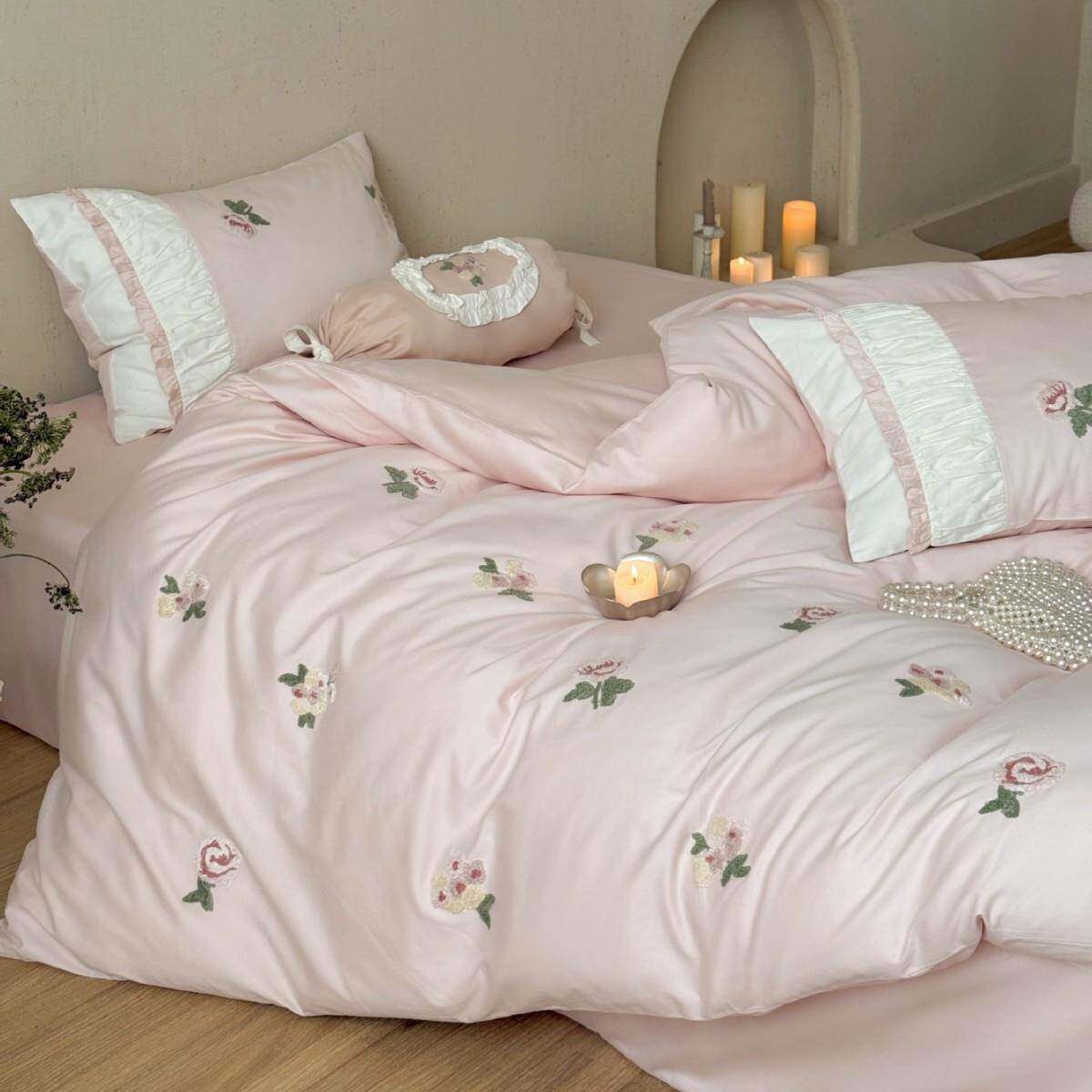 甜美风全棉磨毛四件套花卉毛巾绣加厚被套褶皱小花边枕套秋冬床品