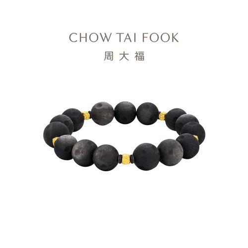周大福方形钱币黑曜石黄金手串