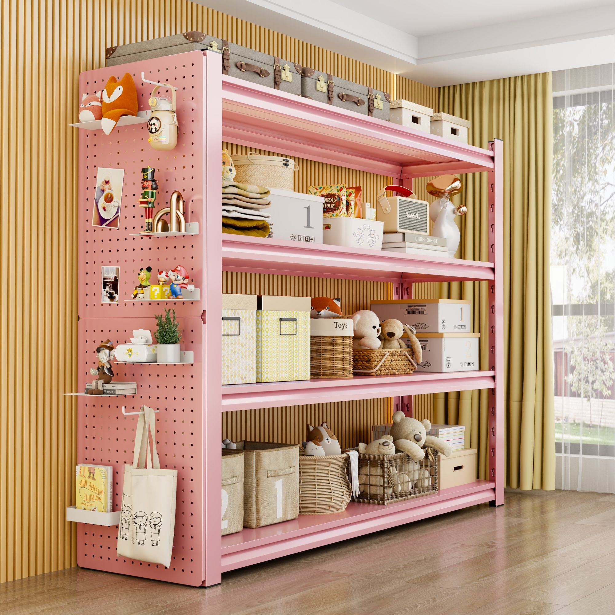 彩色家用置物架儿童储物架多层收纳架客厅厨房储物架粉色钢制书架