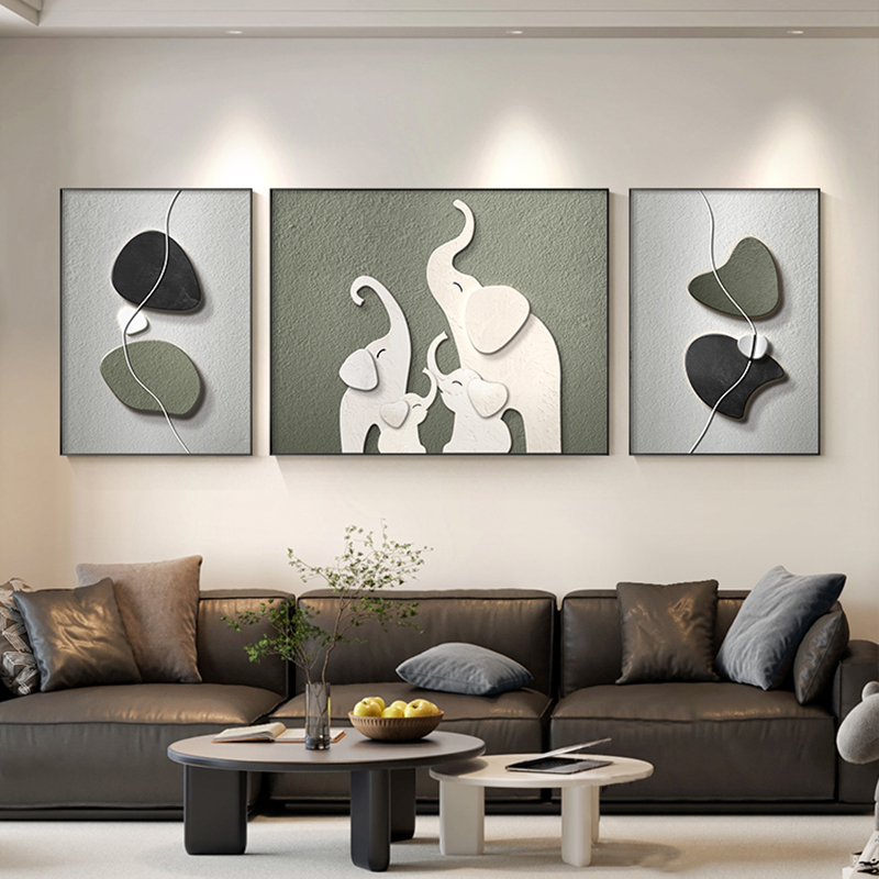大象轻奢壁画客厅挂画简约大气沙发背景装饰画现代高级感三联画