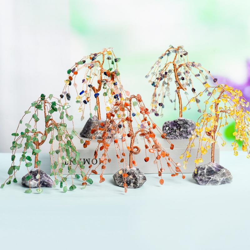 水晶底座垂柳款水晶树摆件工艺品紫晶水晶树居家办公桌面创意树饰