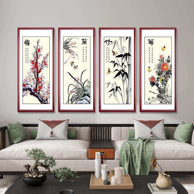 观源国画梅兰竹菊字画书画四联画客厅装饰画茶室办公室写意花鸟画