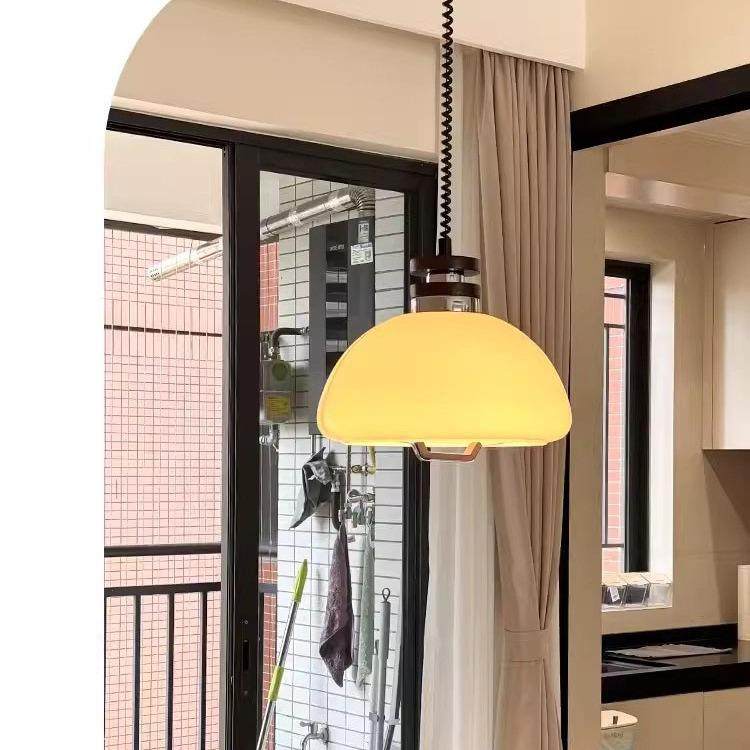 中古玻璃餐厅吊灯复古实木餐厅吧台书房可伸缩调节高度奶油风灯具