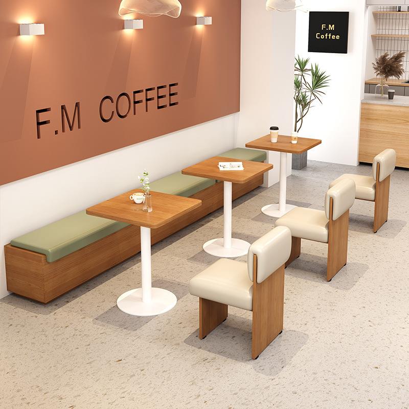 网红咖啡店长条凳休闲卡座奶油风奶茶店餐厅餐桌椅组合实木卡座