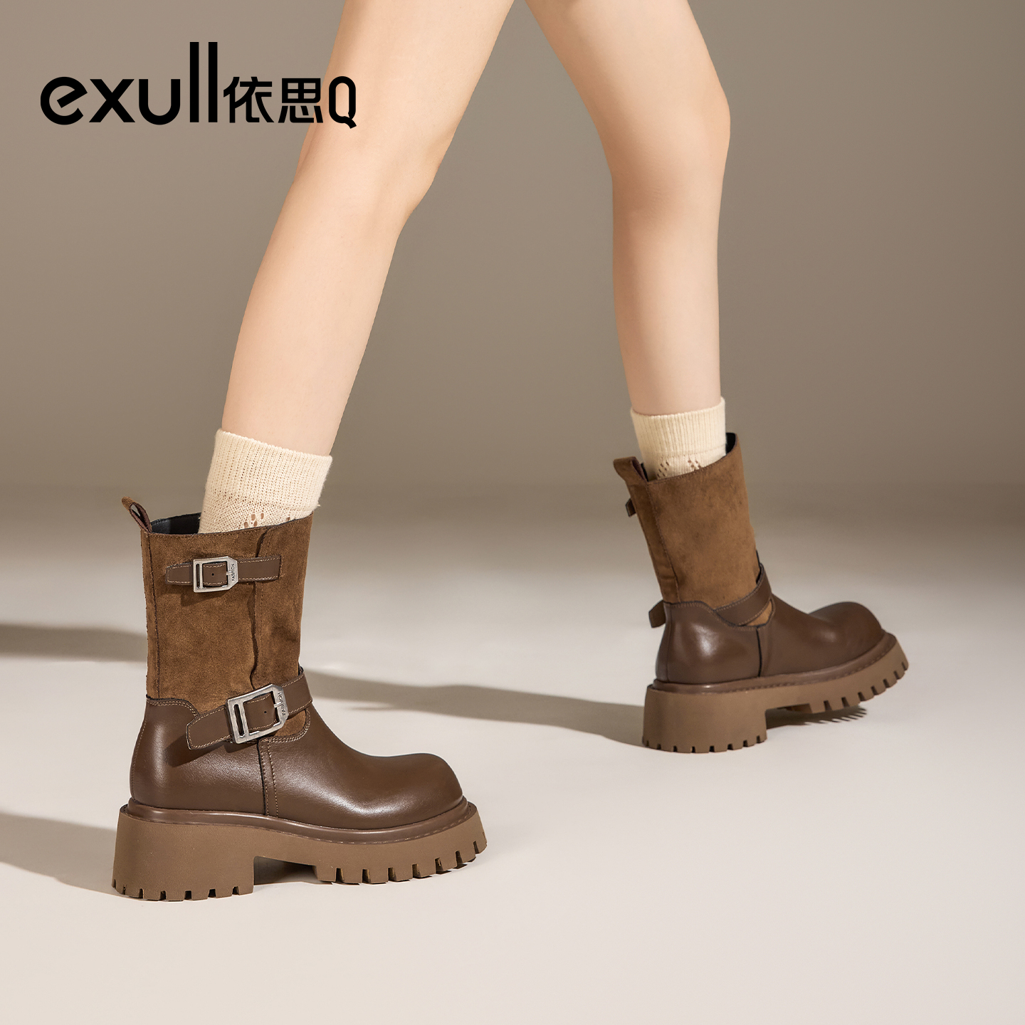 exull/依思Q2025秋冬新款厚底短靴女瘦瘦靴高跟靴女鞋马丁靴