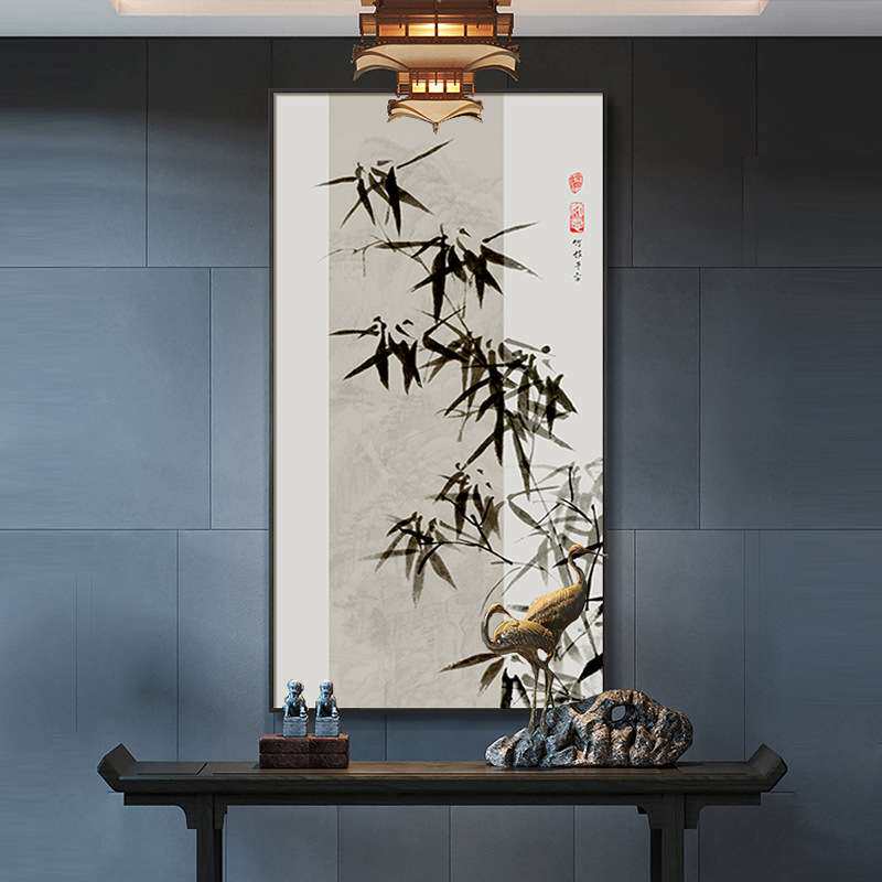 新中式竹报平安吉祥玄关装饰画迎客松客厅走廊过道竖挂画寓意壁画