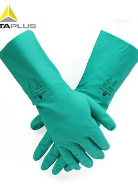 代尔塔 201803 重型绿色丁腈防化手套 耐酸碱手套 热保护乳胶植棉