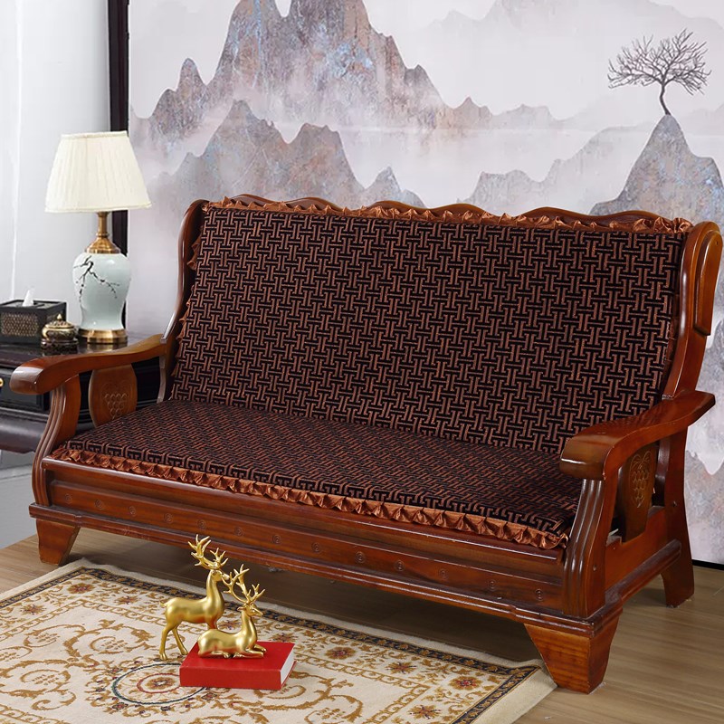 秋冬季加厚红木实木沙发海绵坐垫老式三人长椅垫连体毛绒防滑单人