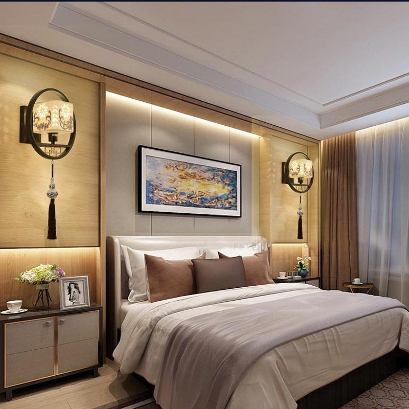 新中式壁灯陶瓷现代酒店中式仿古卧室床头灯客厅复古铁艺过道壁灯