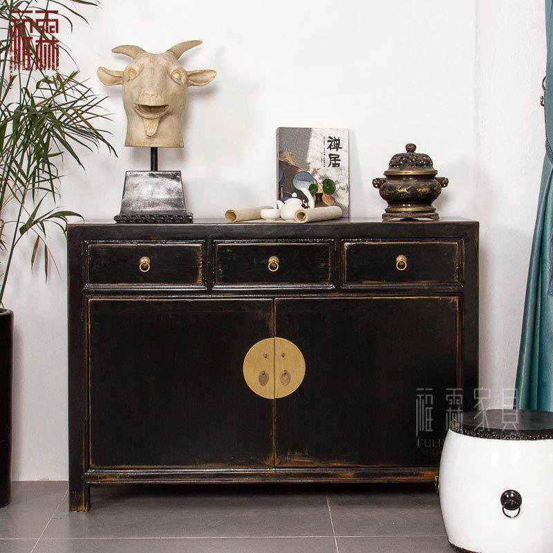 新中式复古黑漆餐边柜明清简约古典家具仿古实木玄关柜门厅储物柜