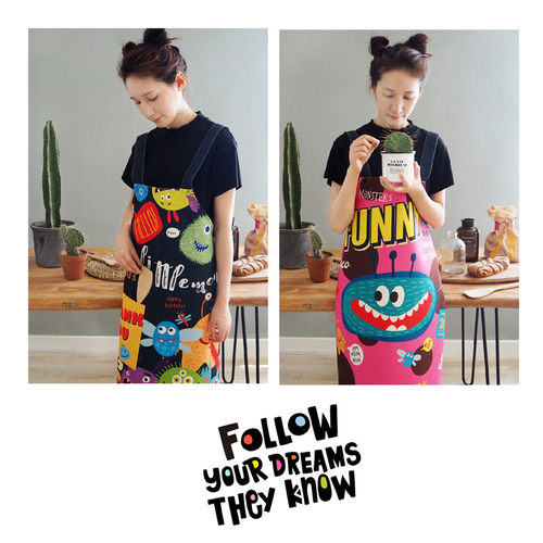 卡通可爱小怪兽家用围裙厨房做饭罩衣厨师围腰布艺家居时尚工作女