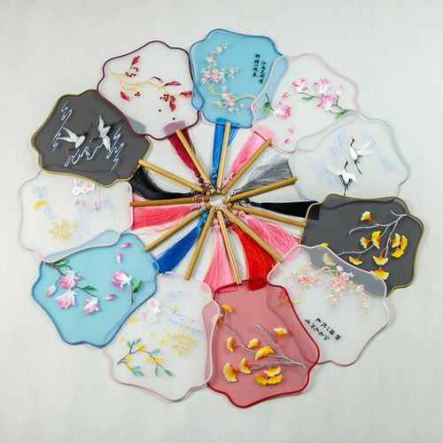 仿真丝古风扇子团扇刺绣古装宫廷汉服女式长柄流苏异型扇定制