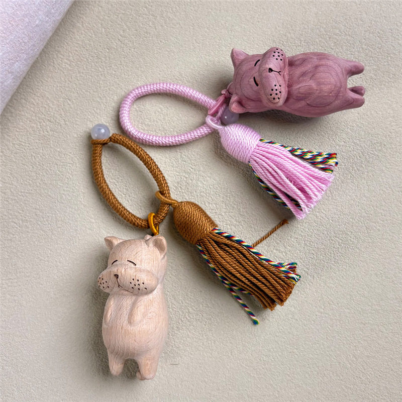榉木狗猫钥匙扣挂件木雕可爱动物血柏木福气猫咪DIY饰品