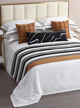 现代北欧样板间黑橙色床上用品十一件套售楼部展厅软装摆场可