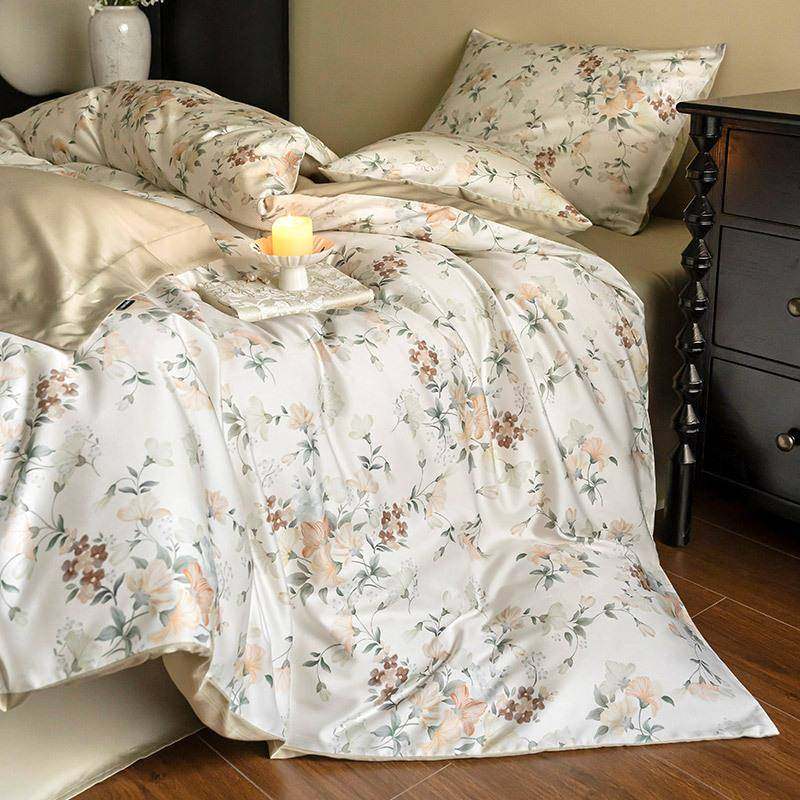 春夏季凉感天丝棉四件套美式花卉印染被套清新田园床单床上用品