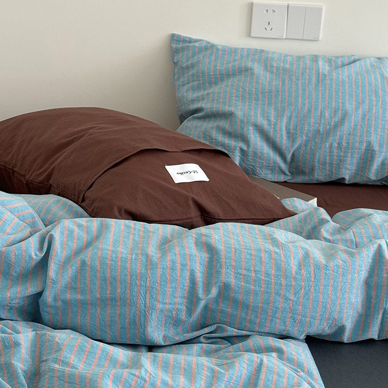简约蓝色线条全棉水洗棉床上四件套主卧室被套床单床品三件套
