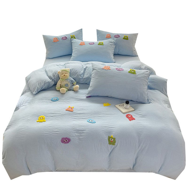 毛巾绣床上四件套2024新款水洗棉被套床笠学生宿舍单人床单三件套