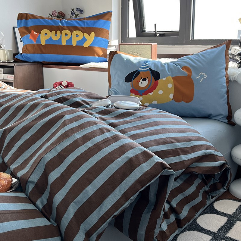 月光巴士简约蓝咖条纹小清新春夏床上四件套1.5米1.8床单被套