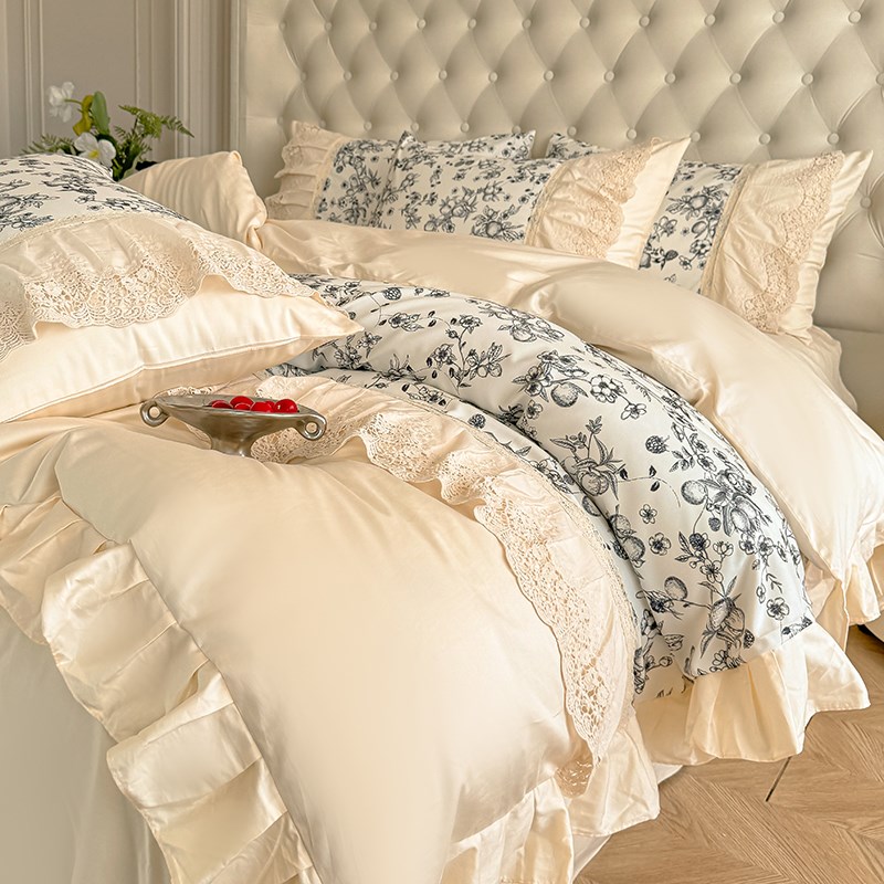 法式覆古田园花卉全棉床上四件套镂空蕾丝被套公主风床裙用品