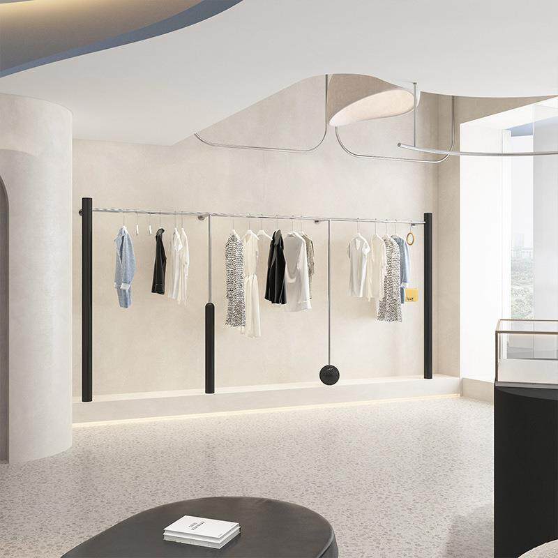 服装店展示架哑光黑上墙挂衣架男女装店不锈钢银色衣服陈列货架子