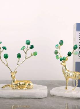 现代轻奢石膏石底座绿色玛瑙鹿摆件客厅电视柜书房桌面家居装饰品