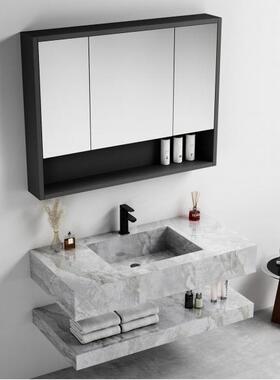 岩板无缝拼接陶瓷一体盆灰色简约高端洗漱台浴室镜柜现代卫生间