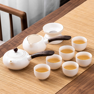 描金羊脂玉瓷功夫侧把茶具套装家用白瓷盖碗整套干泡玉石陶瓷茶盘