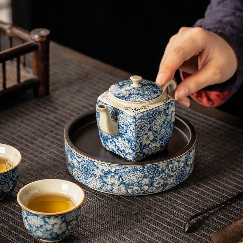 青花瓷壶承干泡台储水茶台茶洗功夫茶具配件建水养壶圆形茶盘托盘