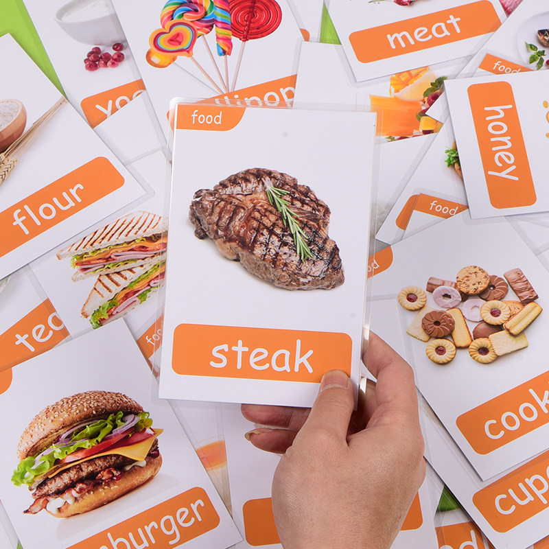 英语闪卡tpr食物单词卡片45张宝宝启蒙认知早教彩图塑封防水卡片