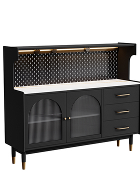 黑色岩板餐d柜全实木现代家用洞洞板靠墙一体边柜收纳整体橱柜茶