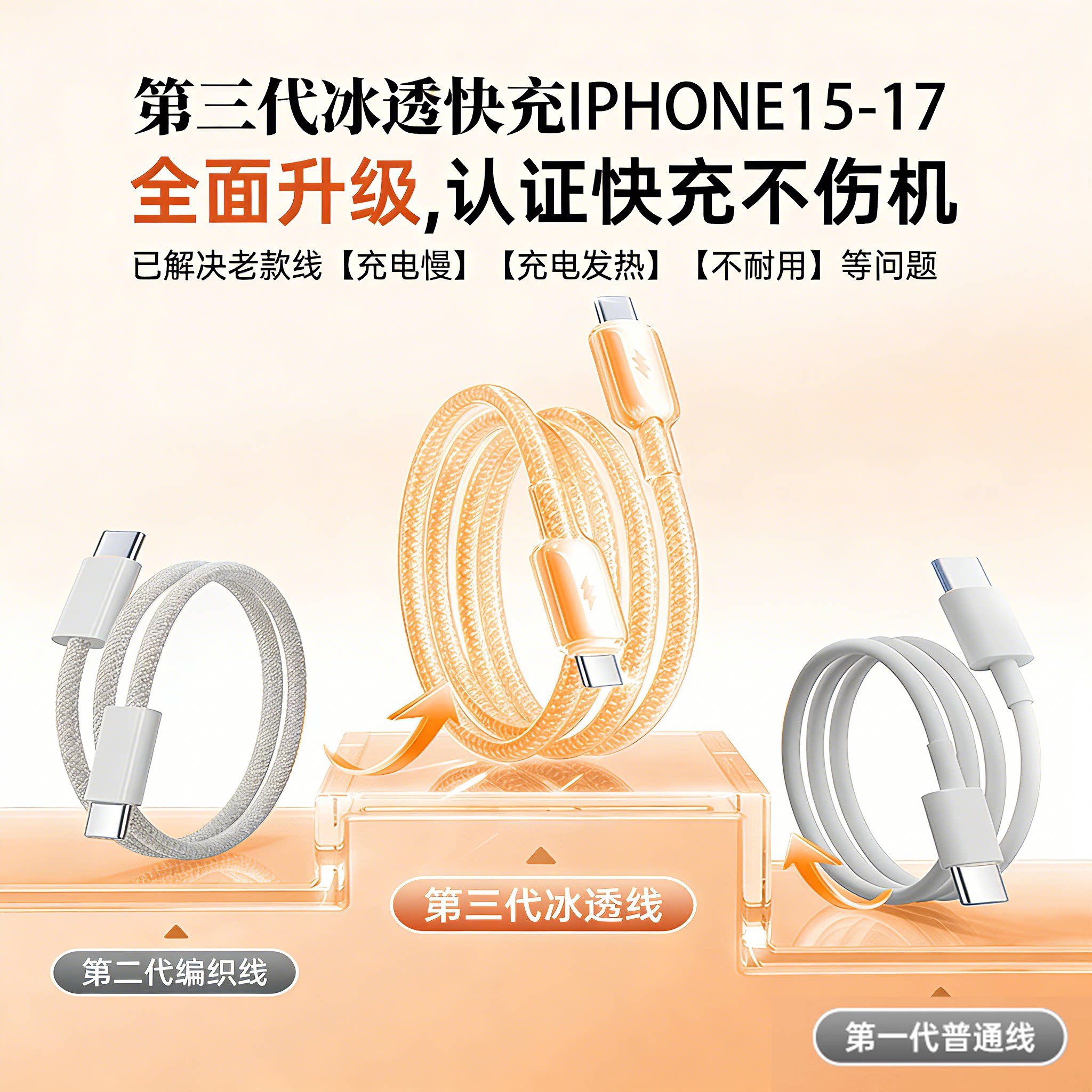 督撼适用苹果17promax手机充电器40W快充线iPhone16数据线15双typoc平板ipad2025新款1.2/2米车载家用冰透线