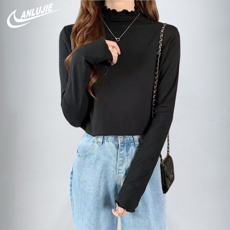 ANLUJIE 女士德绒上衣女长袖早秋设计T恤韩风修身显瘦打底衫QF