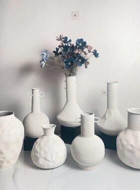 北欧防粗陶铁艺花盆高级感复古白色插花器桌面摆件别墅庭院绿植盆