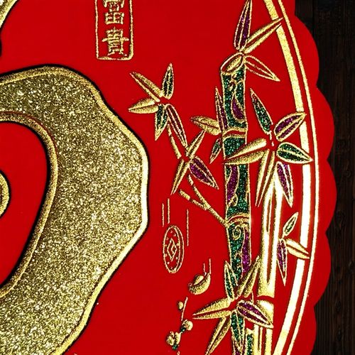 2021牛年春节高档绒布福字新年圆福竹报平安烫金背胶自粘门贴窗花