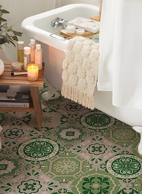 复古绿色曼陀罗翻新贴纸家居装饰自粘墙贴防水防S油污地面遮丑地