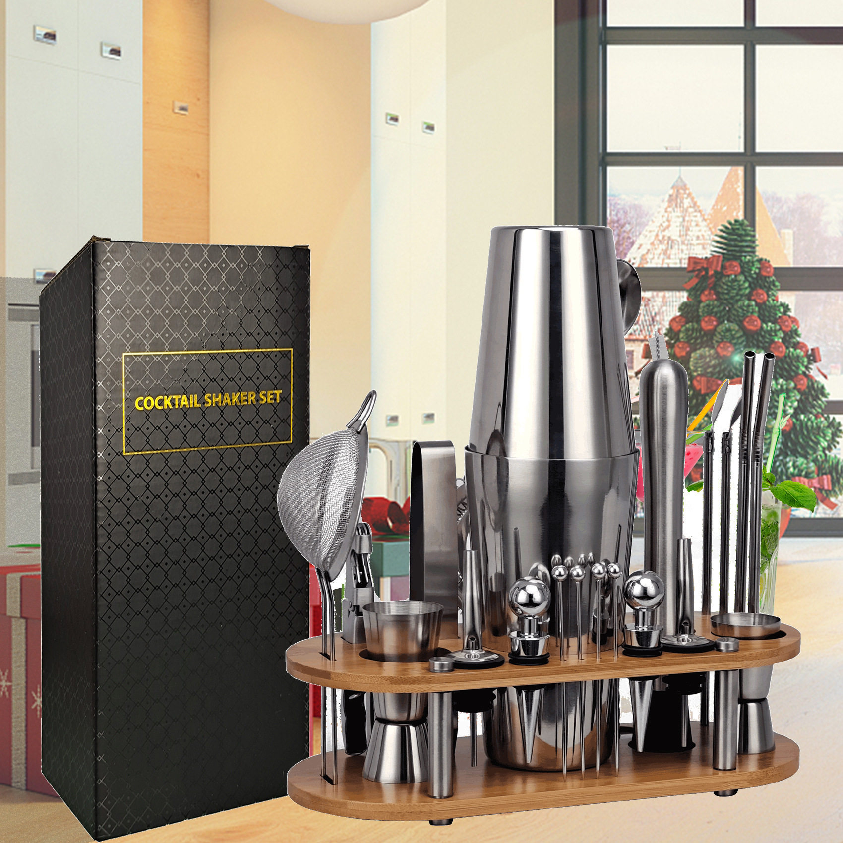 新款入门级不锈钢调酒器23件套波士顿鸡尾酒调制工具三段摇壶全套