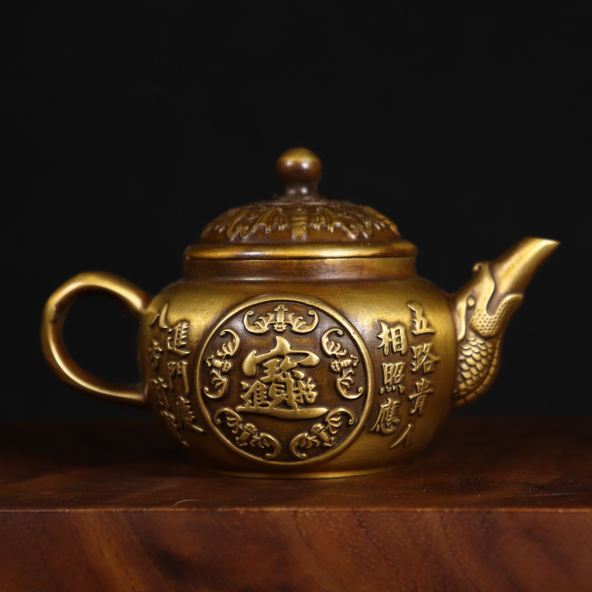 做旧黄铜五福临门功夫茶壶摆件 复古新中式收藏装饰家居办公礼品