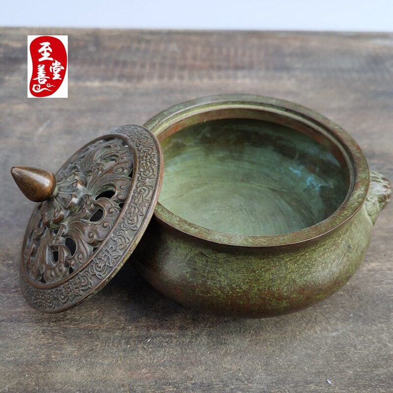 古玩收藏老包浆仿古合金铜客厅装饰摆件狮耳香炉11*10*8CM