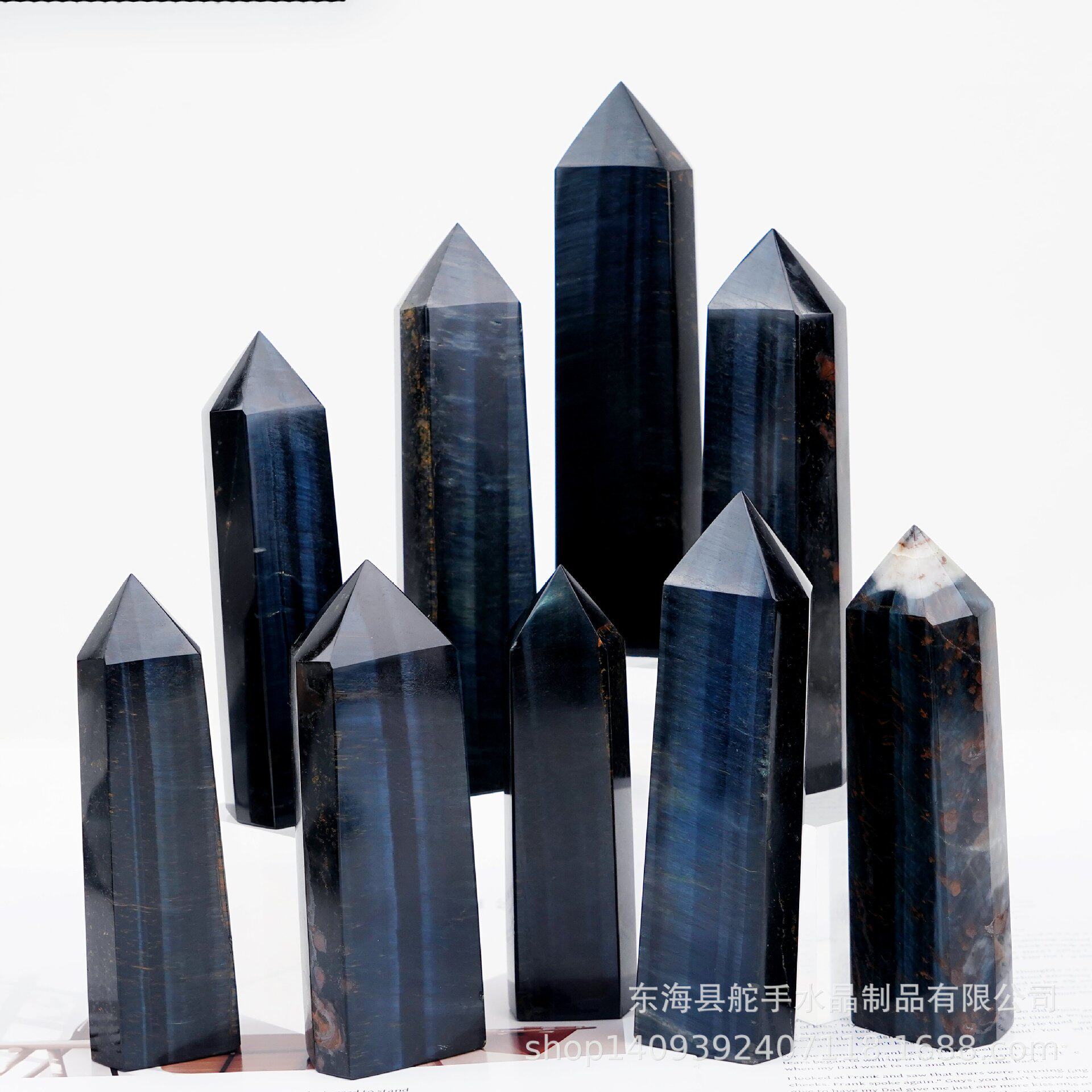 天然水晶能量石蓝虎眼六棱柱子水晶单尖柱东海厂家  原石打磨