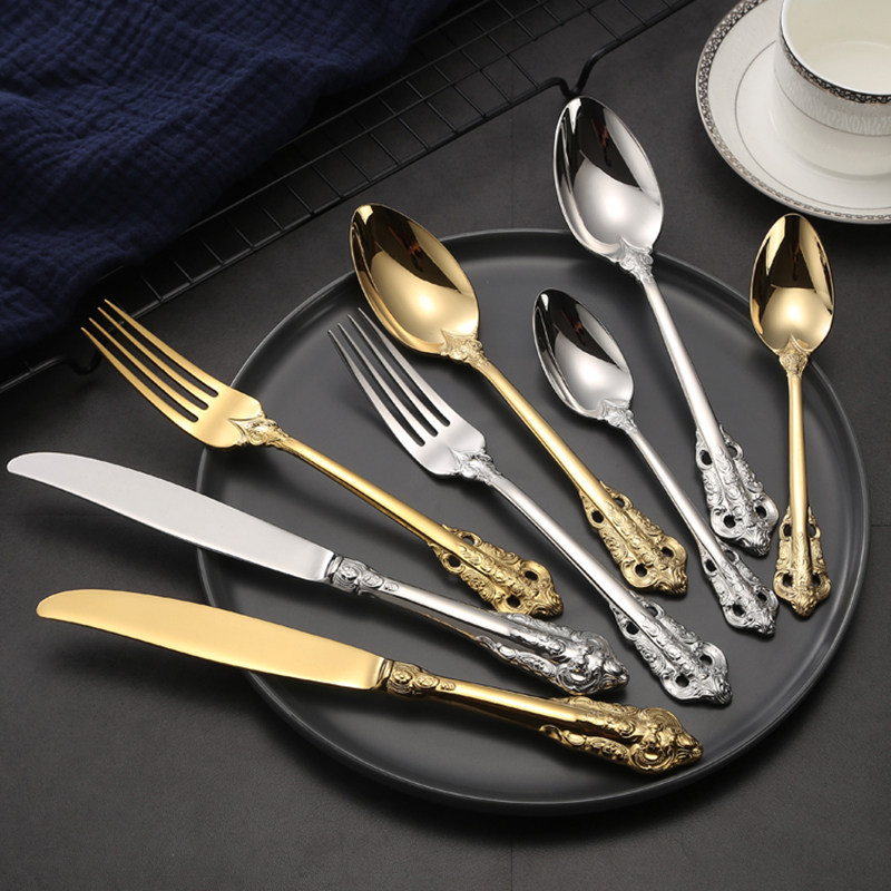 宫廷风刀叉304餐具浮雕西餐金色银色汤勺不锈钢牛排刀叉勺三件套