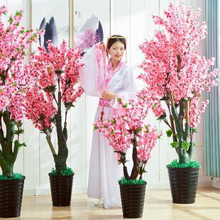 桃花假树盆栽客厅摆设装饰桃树落地花室内树假塑料植物大盆景