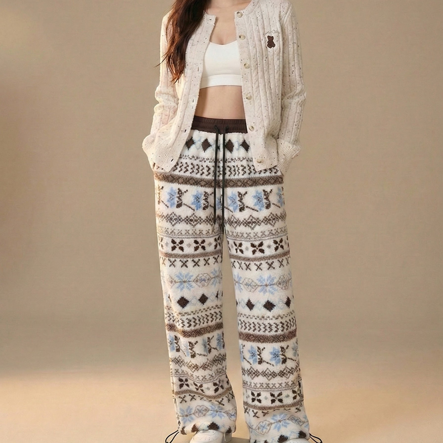 复古费尔岛羊羔绒阔腿棉裤女冬季加厚保暖宽松休闲直筒裤潮流穿搭,女装/女士精品,休闲裤,淘宝优惠券,粉丝福利购,淘宝优惠卷