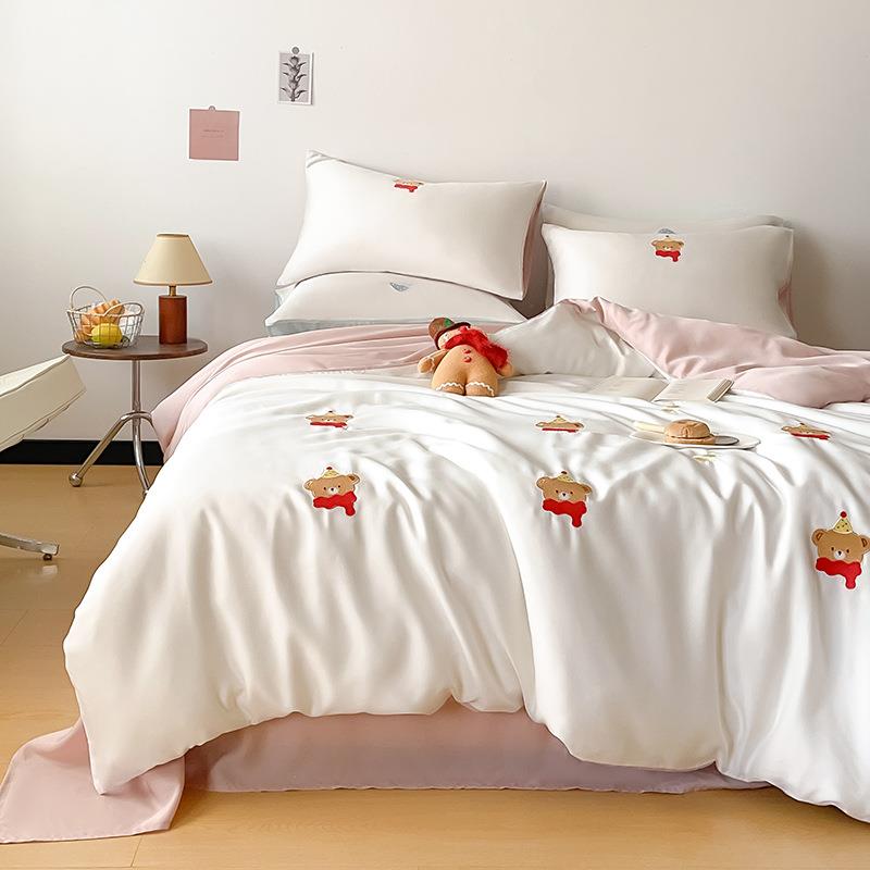 2025新款高支高密舒适莱赛尔天丝绣花四件套夏季凉感被套床单三件