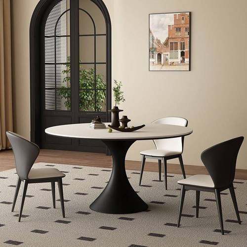 圆桌法式复古圆形纯白岩板餐桌椅客厅意式极简小户型家用现代简约